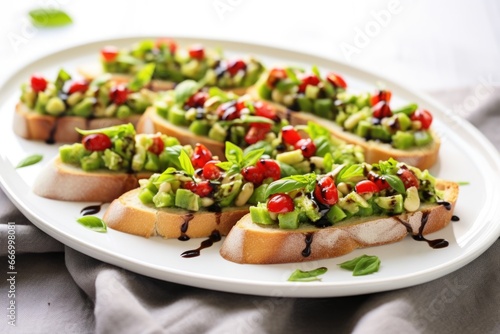 collection of edamame bruschetta on a long white platter
