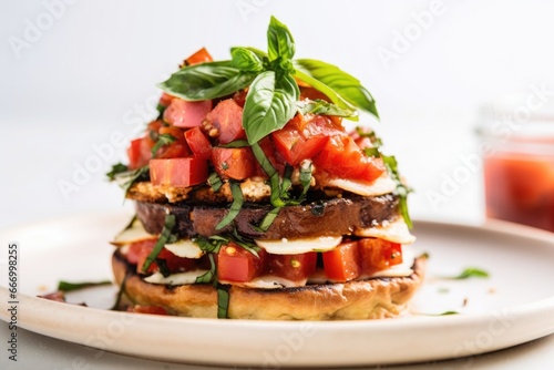 stack of bruschetta arranged as a tower with fresh basil sprigs peeking out