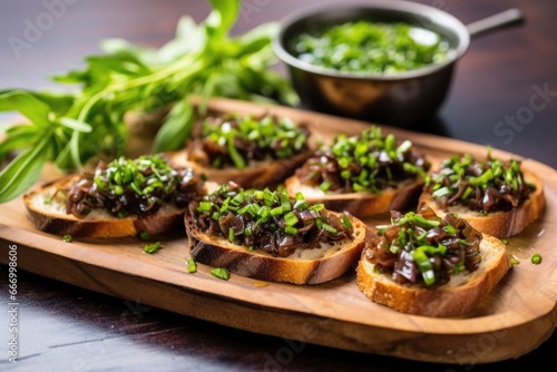 raw olive bruschetta garnished with chopped chives on a metal tray