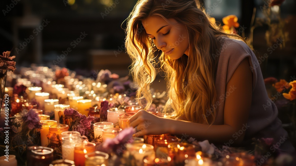 woman in a burning candles