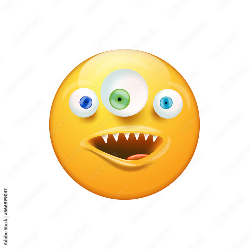 Smiling Face with monster mouth and eyes isolated on white background. Yellow monster smiley face character with white vampire teeth. Halloween day concept illustration, sticker, print and icon
