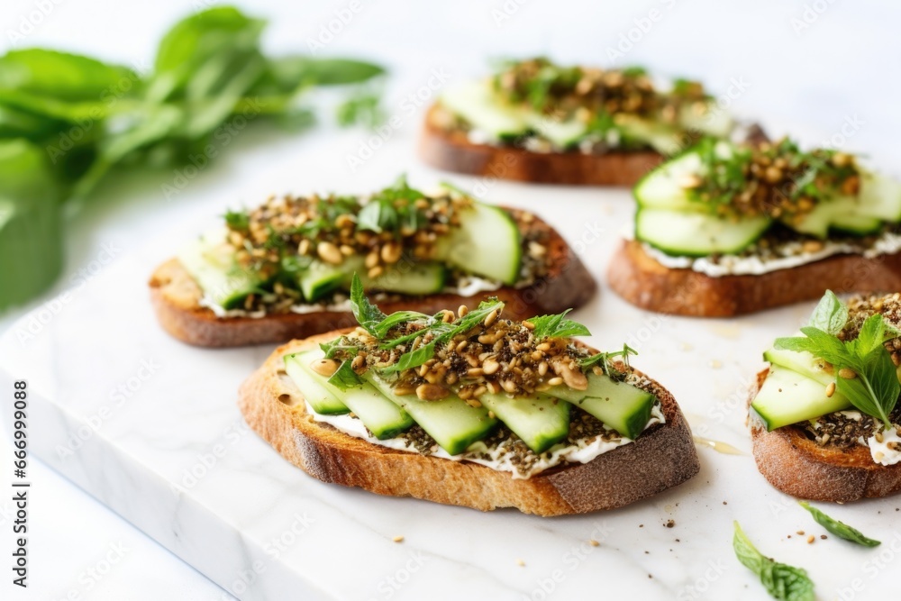 zaatar spiced bruschetta with cucumbers on a white marble surface