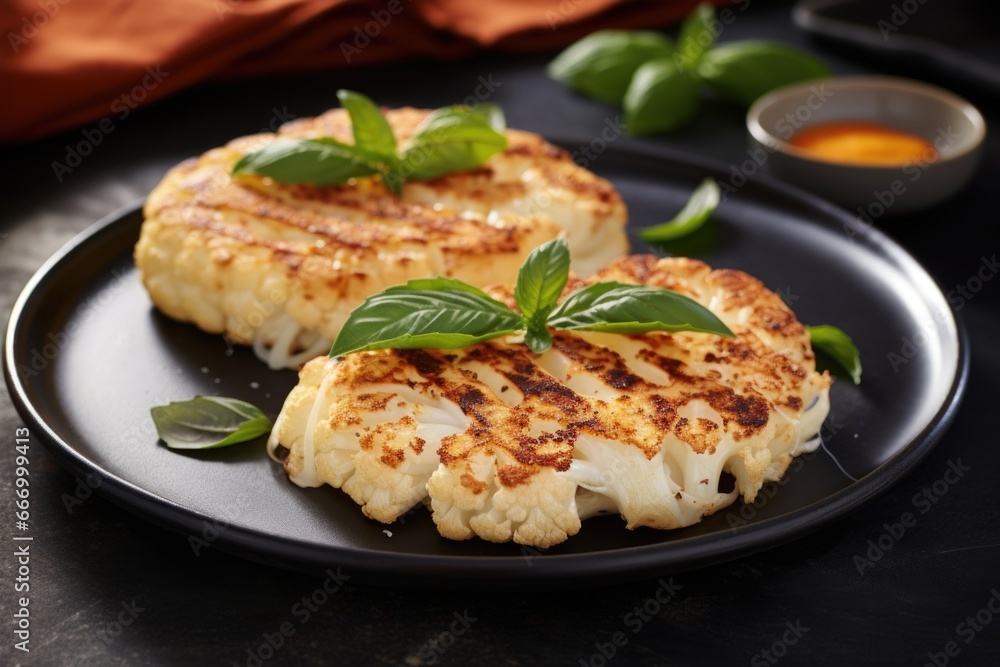 a pair of cauliflower steaks on a rustic stone plate a pair of cauliflower steaks on a rustic stone plate