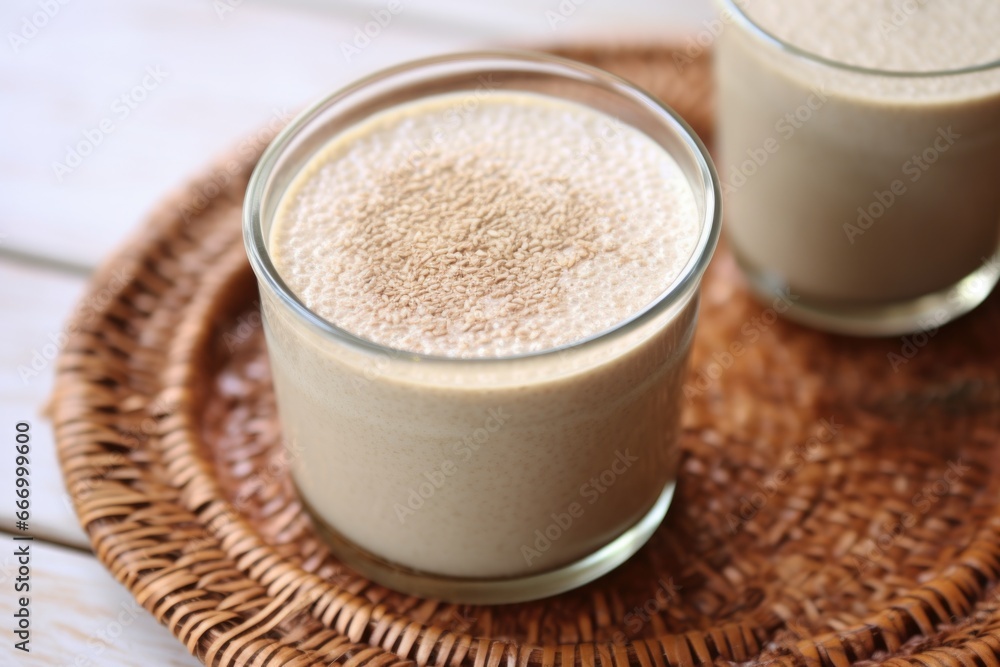 frothy flaxseed smoothie in a frosted glass on a placemat frothy flaxseed smoothie in a frosted glass on a placemat