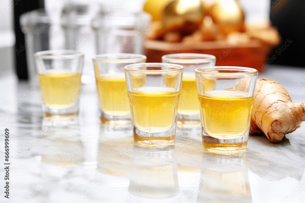 several ginger shots lined on a marble counter several ginger shots lined on a marble counter