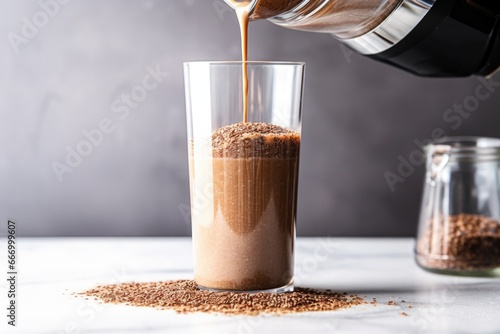 pouring flaxseed smoothie from a blender into a tall glass