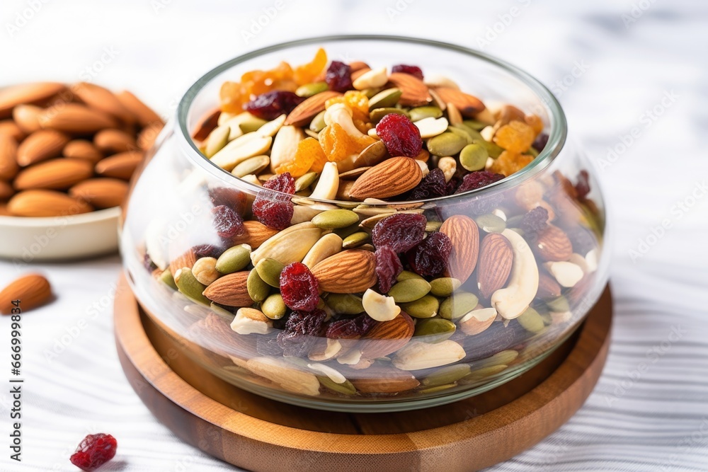 trail mix in a glass bowl with a bamboo lid trail mix in a glass bowl with a bamboo lid