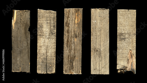a collection of five old vintage sawn wooden planks on a black background with an retro texture