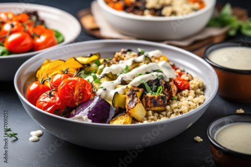 quinoa bowl with roasted vegetables and dressing on side photo