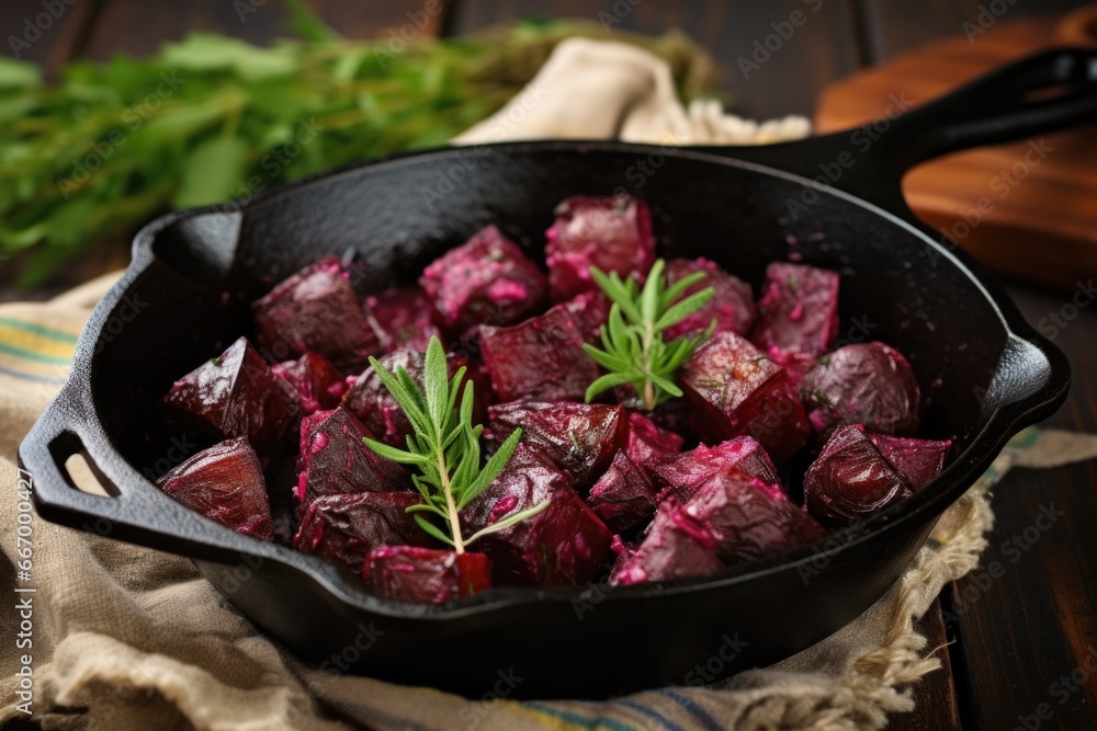 roasted beets in a rustic cast-iron pan on a kitchen table roasted beets in a rustic cast-iron pan on a kitchen table