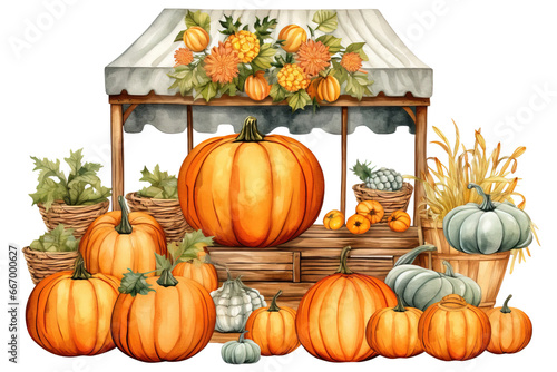 Festive cute little House for pumpkins watercolor illustration on transparent or white background  PNG.