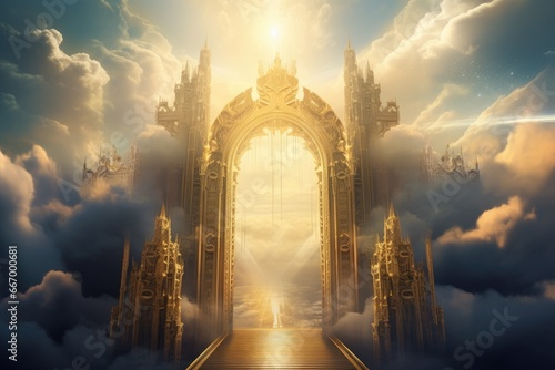 Golden gates opening to a radiant heavenly realm. photo