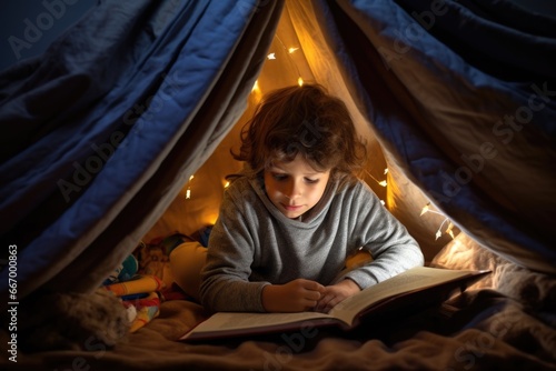 a child reading a book under a blanket fort with a flashlight