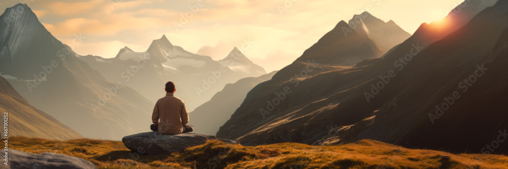 Man practices yoga and meditates on the mountain. Copy free space