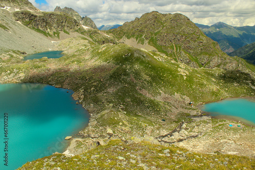 Aerial view of Sophia peak and all three Sophia lakes, Arkhyz, Caucasus, Russia.