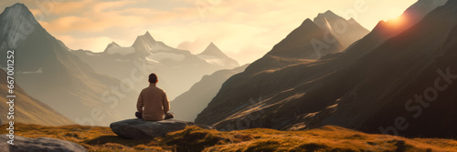Man practices yoga and meditates on the mountain. Copy free space