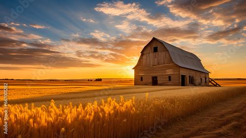 Rustic Barn in Golden Wheat Field 