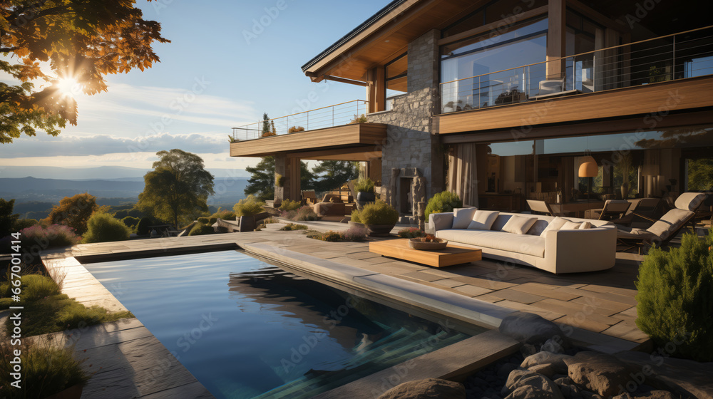Modern exterior of a luxury villa in a minimal style. Glass house in the mountains. Magnificent mountain views from the veranda of a modern villa Luxury glamping sunset