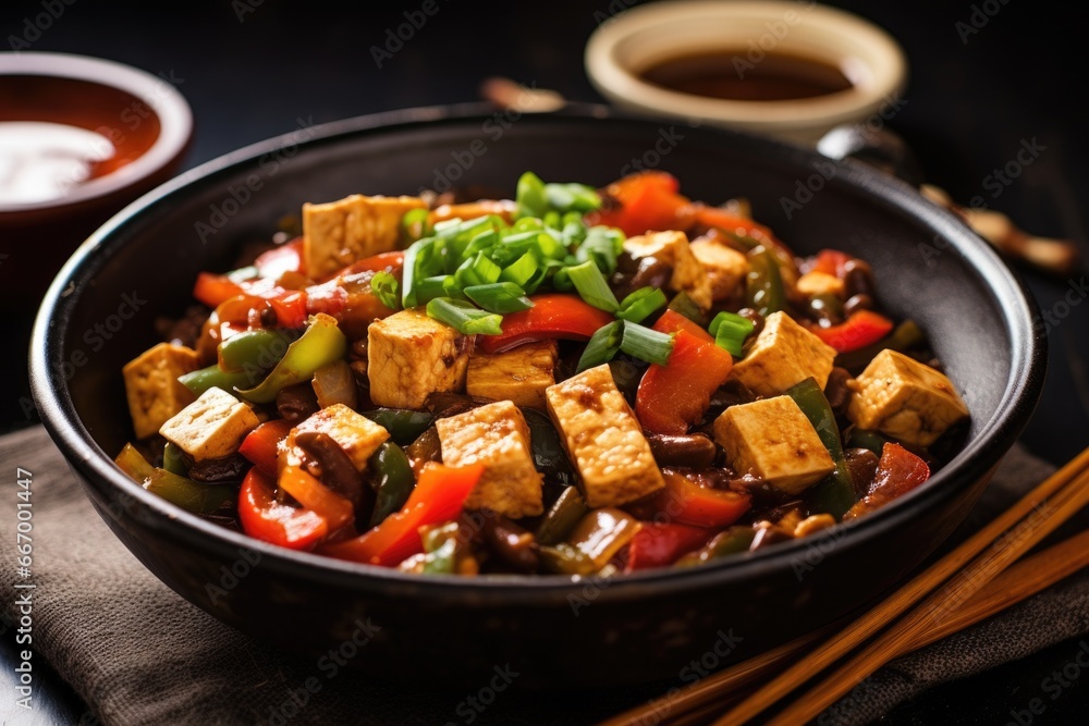 tofu stir-fry with black bean sauce in a black bowl