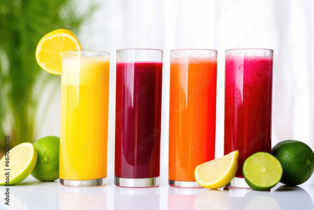 Fototapeta premium brightly colored beet, carrot, and cucumber juice in tall glasses