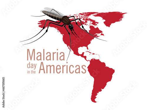 Malaria day in the americas.Red map of the americas on white background and biting mosquito.
