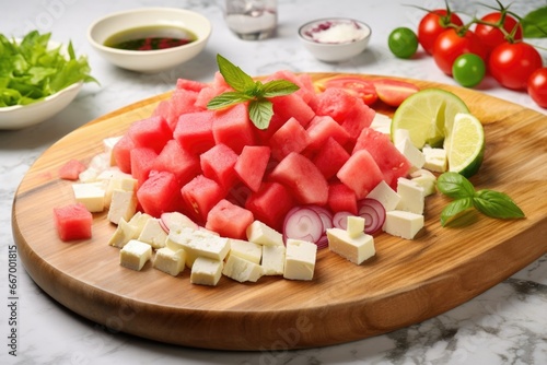 watermelon salad with ingredients melon, lime, cheese around, on a marble surface