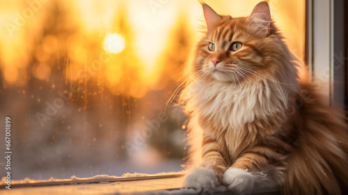 A fluffy cat enjoying the warmth of a winter sunrise from a snowy windowsill