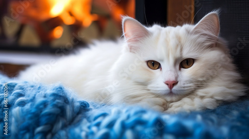 A snowy white cat with bright blue eyes curled up by a fireplace