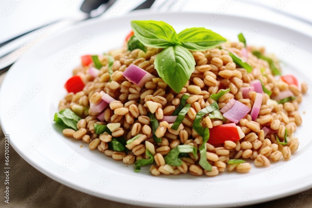 farro salad on a white plate with natural light farro salad on a white plate with natural light