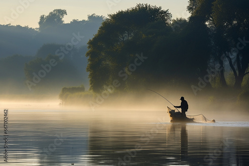 A fisherman casting his net in a still river with fog lifting in the morning