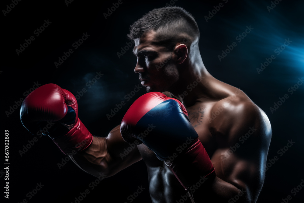 Photo of male in boxing gloves over black background