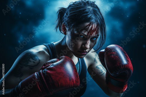 Photo of woman in boxing gloves over dark background © Kalim