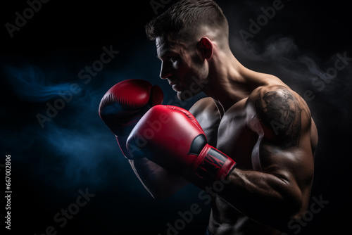 Photo of male in boxing gloves over black background © Kalim