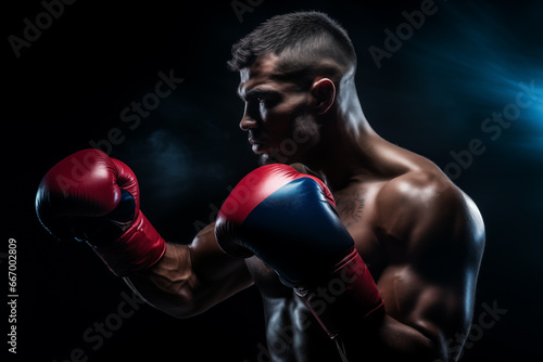 Photo of male in boxing gloves over black background © Kalim