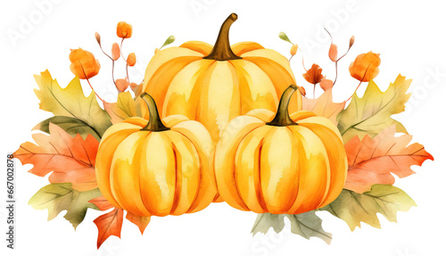 Autumn pumpkin Watercolor illustration isolated on a white or transparent background, PNG