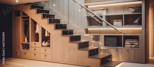 Contemporary luxury interior in multi storey house with sleek wooden staircase and under stair slide out cabinets making efficient use of space for storage photo