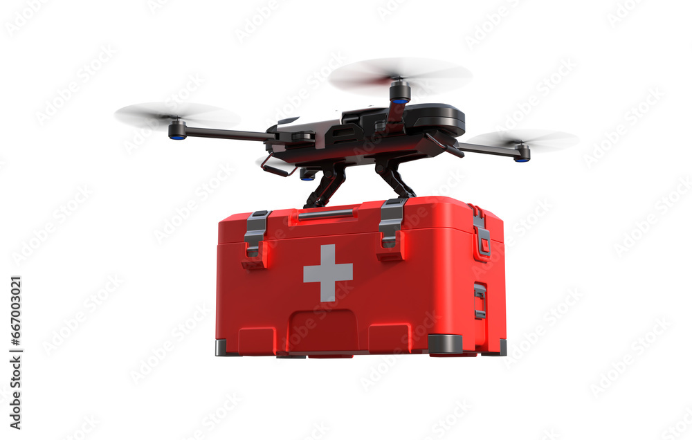 Drone with first aid kit on transparent background, PNG file