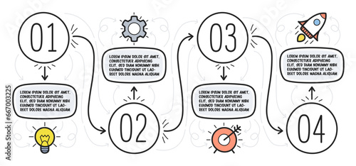 Doodle infographic circles with 4 options. Hand drawn icons. Vector illustration.