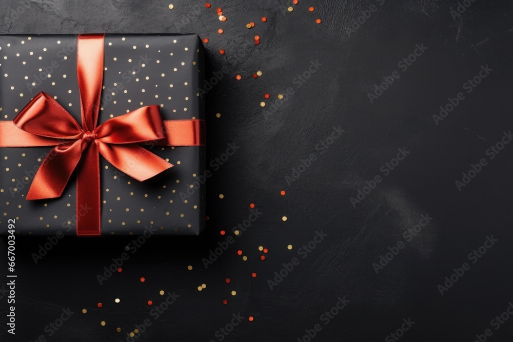 Black Friday Gift wrapped in black paper with red bow on dark background. Generative AI. Black Friday Gift wrapped in black paper with red bow on dark background. Generative AI.