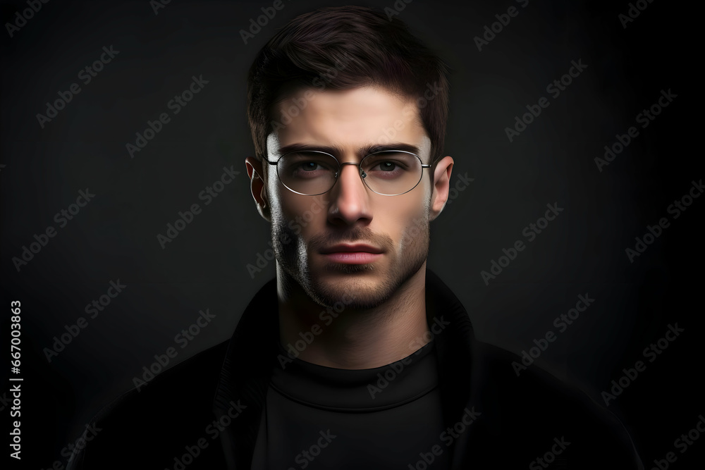 Photo of man at the dark background in specs minimalism. High-resolution Photo of man at the dark background in specs minimalism. High-resolution