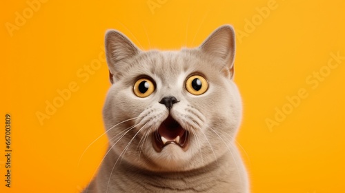 Against a vibrant orange backdrop, a British Shorthair cat looks into the camera with widened eyes and slightly open mouth