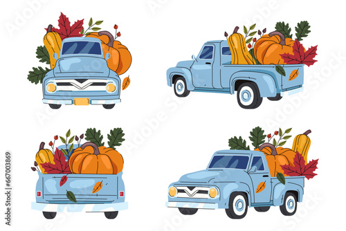 Set of isolated truck with autumn harvest. Vector image of car with fall vegetables. Lorry in isometric, front and rear view with fall food for agriculture festival. Vehicle or delivery farm pickup