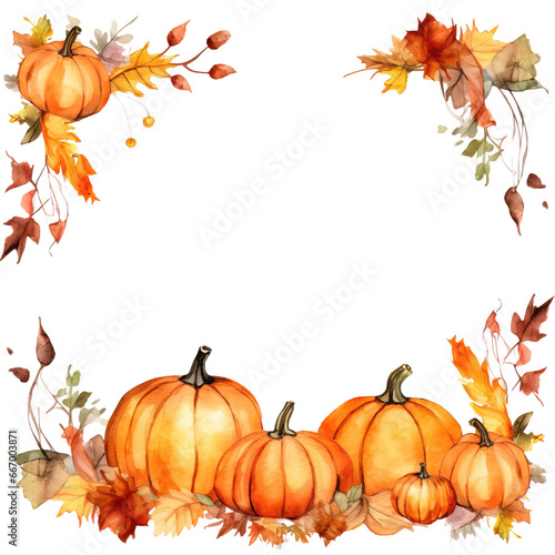 Pumpkins and Autumn Leaves Frame with Copy Space for Text  Watercolor Illustration Isolated on a White or Transparent Background  PNG
