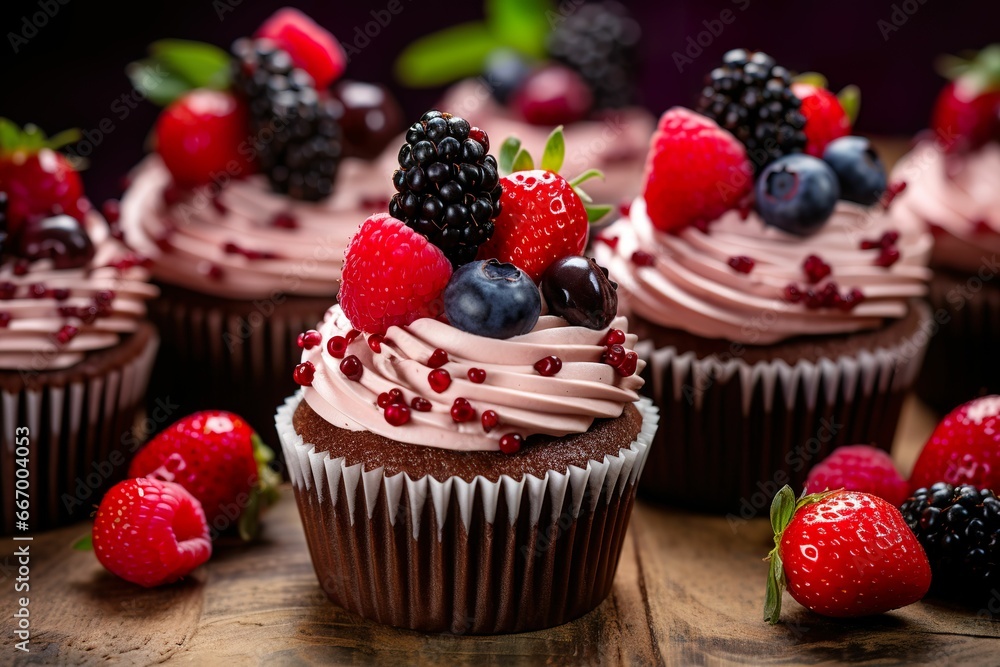 Berry cupcakes composed of blueberries and raspberries, autumn and winter dessert Berry cupcakes composed of blueberries and raspberries, autumn and winter dessert