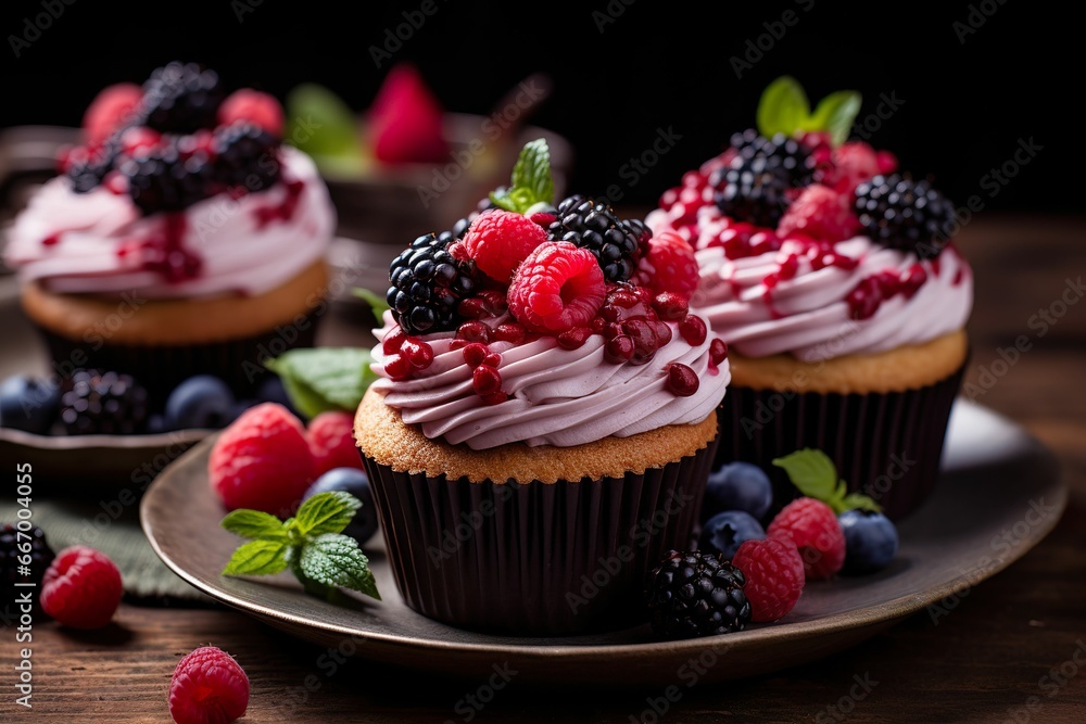 Berry cupcakes composed of blueberries and raspberries, autumn and winter dessert