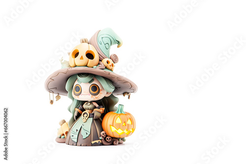 A cute Wizard girl with skull face makeup in colorful traditional dress with scary halloween pumpkins on isolated white background