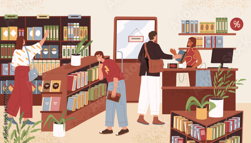 Vector image of bookstore indoor view. Book shop with buyers sign. Store with bookcase and bookshelf. Bookshop with reader and checkout. Architecture and literature, education and retail, study
