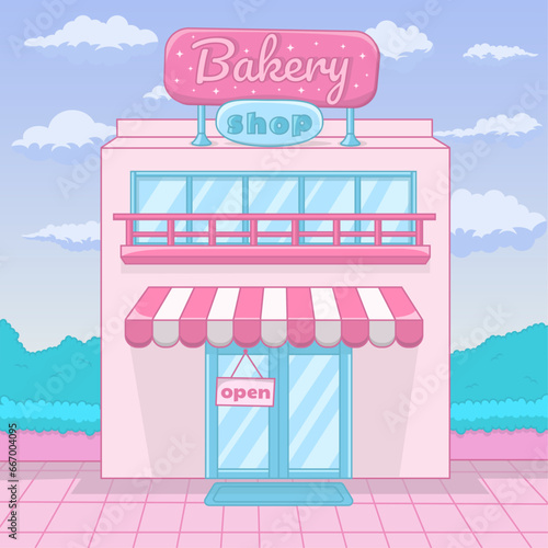 Vector pink bakery. The idea of ​​a showcase for an online confectionery store. Cute pink candy shop in cartoon style