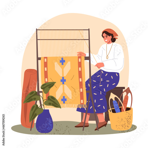 Vector image of woman doing carpet production. Illustration of female near rug. Rugmaker manufacturing persian and turkey yarn. Weaver at loom. Character and textile machine. Decoration craft theme