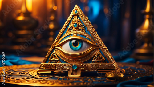 A small golden pyramid with the all-seeing eye of the Illuminati and Freemasons